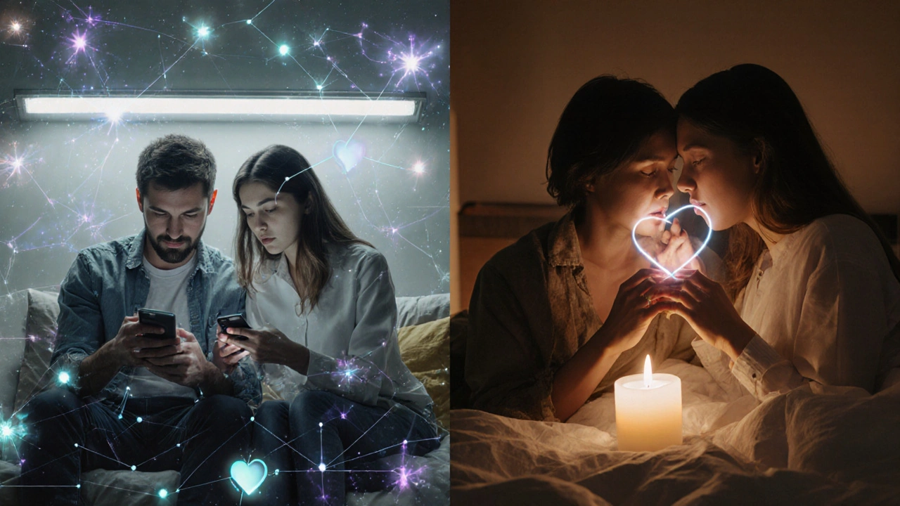 Dvě scény vedle sebe: stresovaný pár před obrazovkami a stejný pár spojený klidným dotekem v teplém světle.
