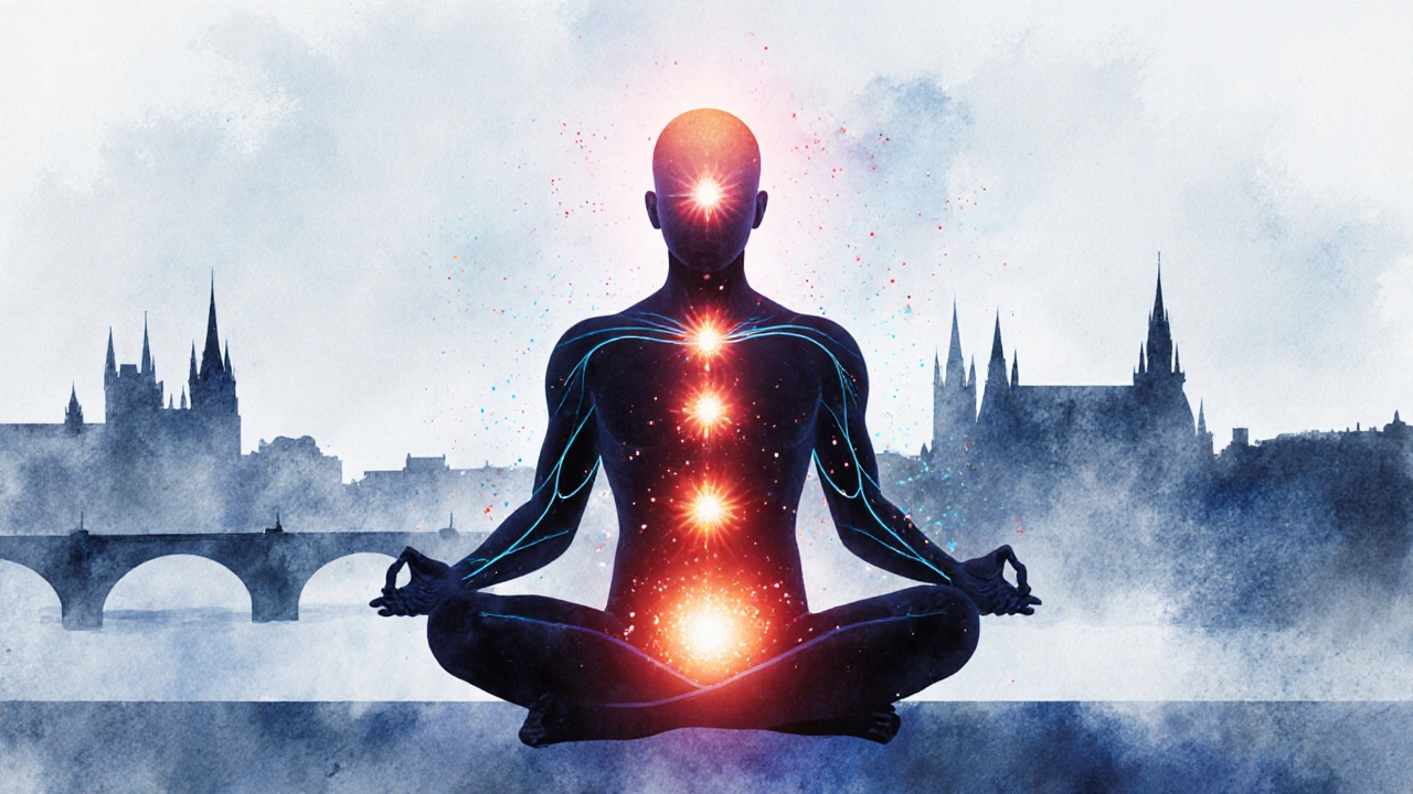Ilustrace uvolnění endorfinů a čaker během lingam masáže.