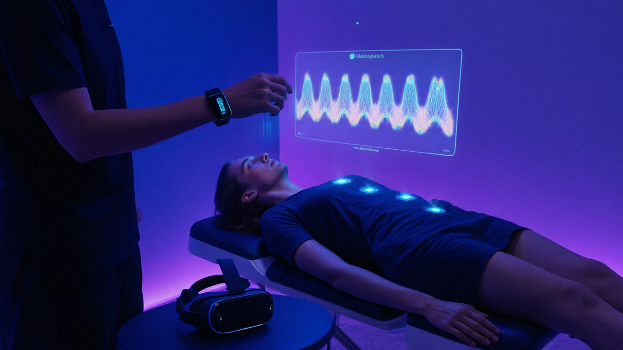 Moderní terapeut používá biofeedback zařízení, klient odpočívá v ambientním osvětlení s lehkou aurou.