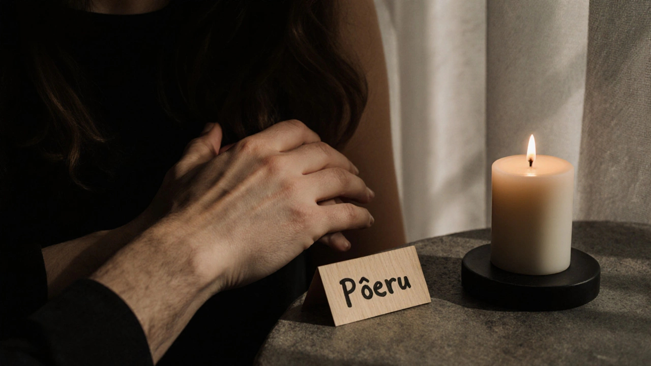 Mužská ruka leží jemně na břiše ženy, vedle ní malá dřevěná karta s nápisem 'Přeruš' a svíčka.