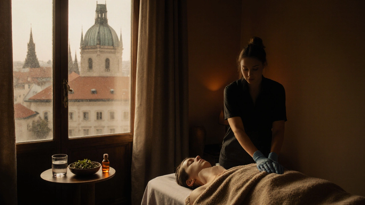 Po masáži v soukromé místnosti – klient odpočívá s vodou a aromatem.