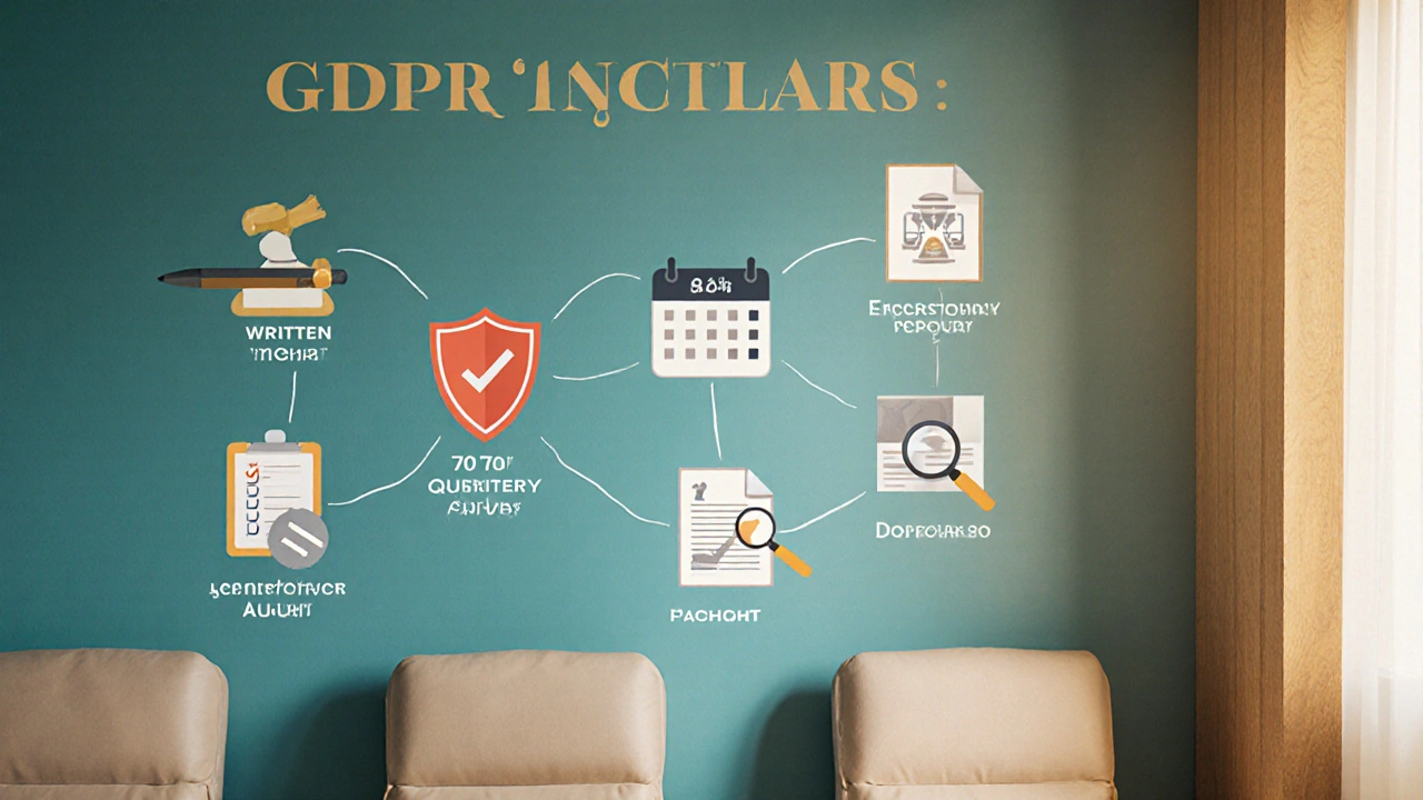 Stěna salonu s ikonami představujícími kroky GDPR: souhlas, šifrování, audit.