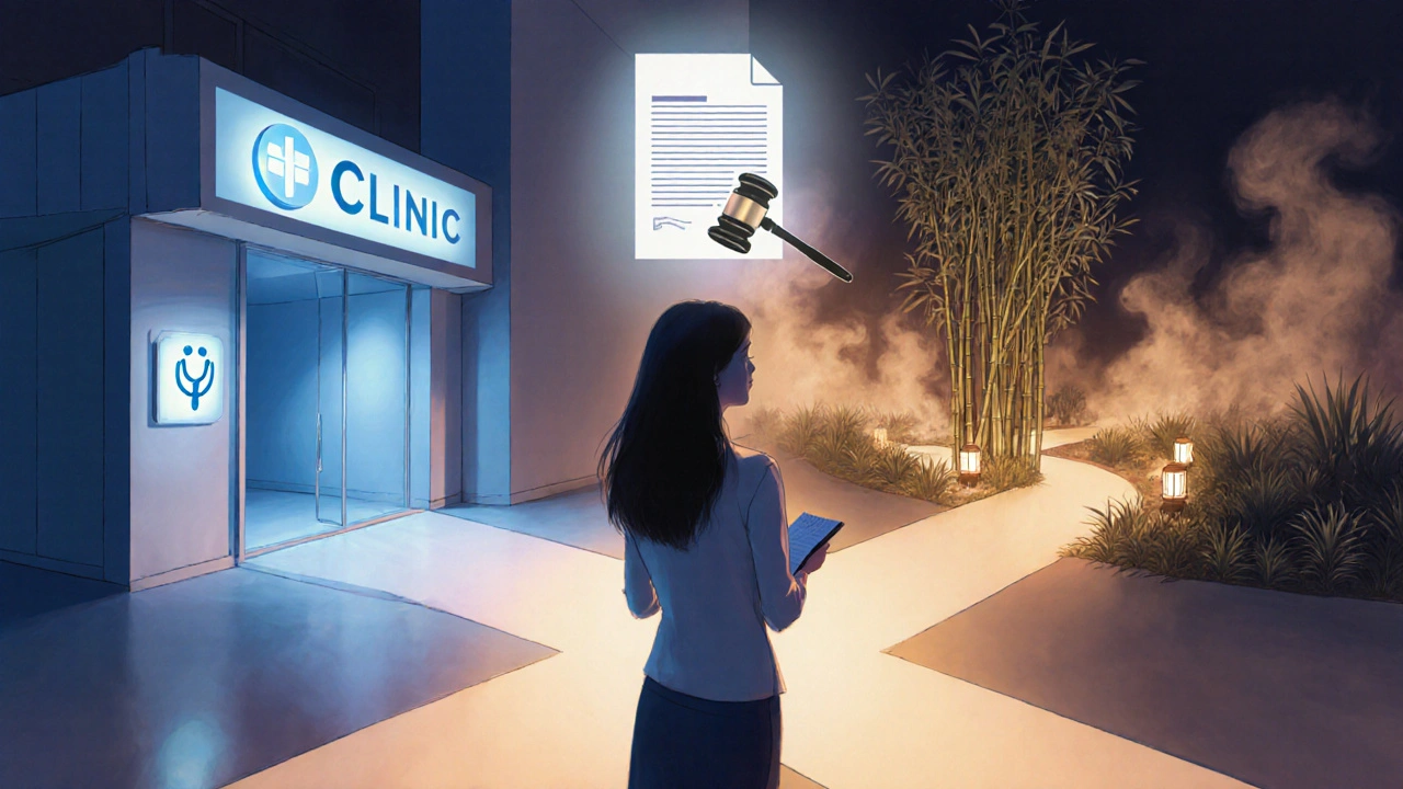Žena stojí na rozcestí mezi klinikou a wellness centrem, s náznakem legislativní symboliky.