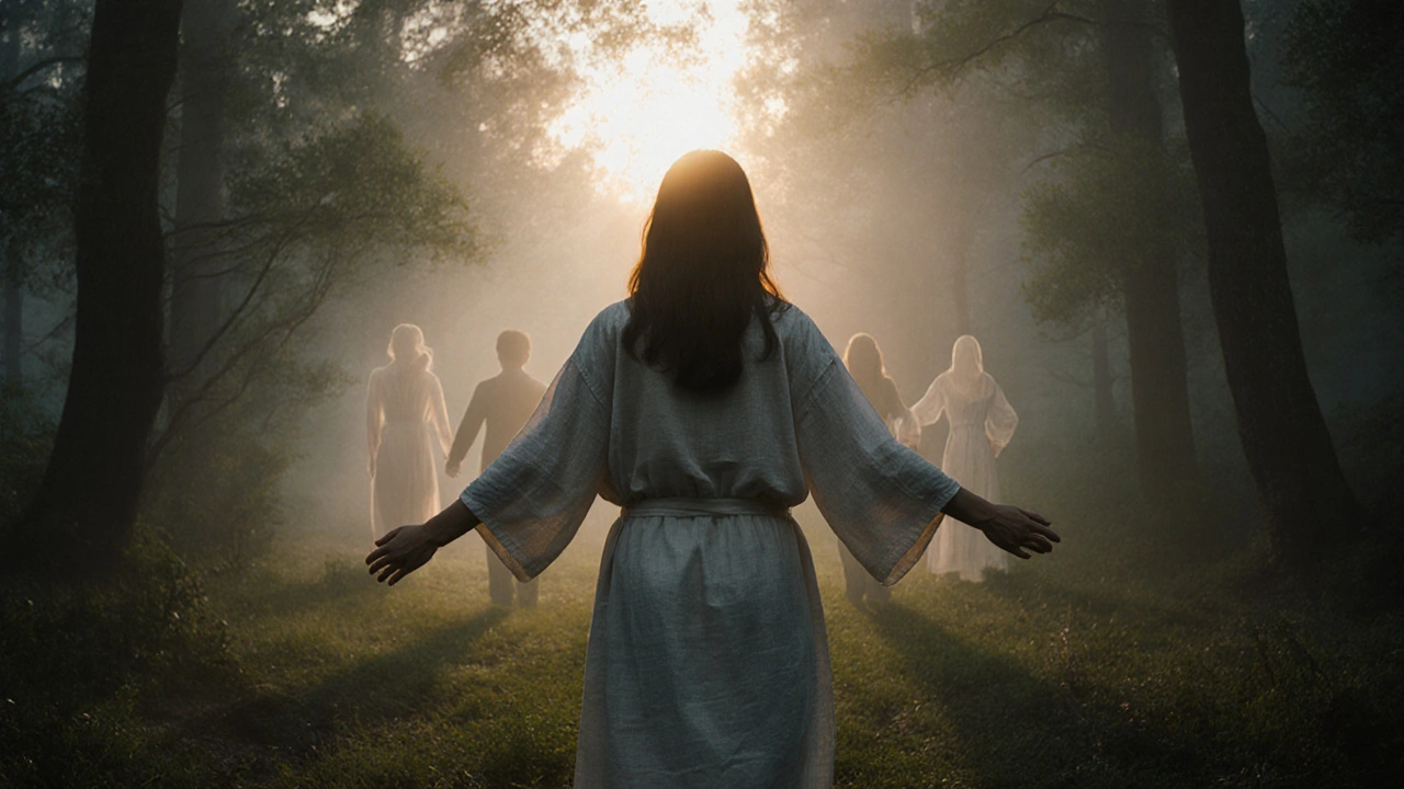 Žena stojí v mlze na rozsvíceném východě slunce, za ní průhledné stíny dvojice, symbolizující podporu bez doteku.