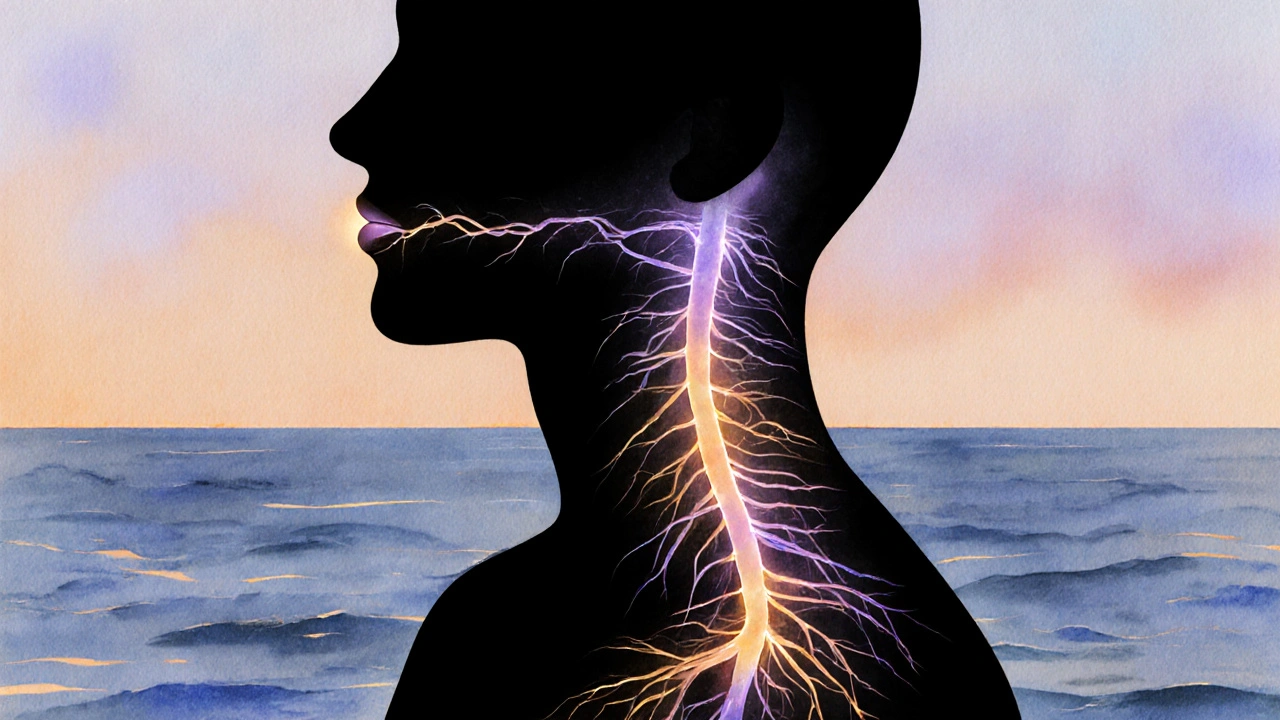 Abstraktní vyobrazení nervového systému vyzařujícího klid a uvolnění z rtů směrem ke tělu.