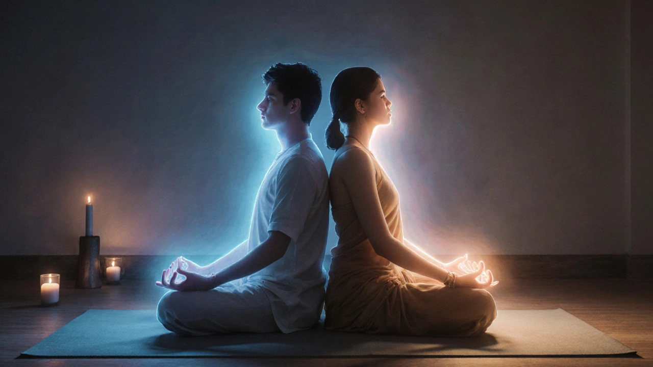 Dva lidé sedí zády k sobě a dýchají v tichosti, jemné světlo je obklopuje.