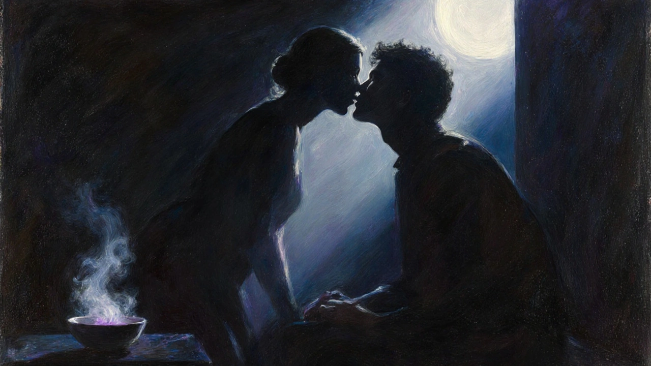 Dvě postavy v tiché místnosti, jejich rty se téměř dotýkají v okamžiku přirozené blízkosti.