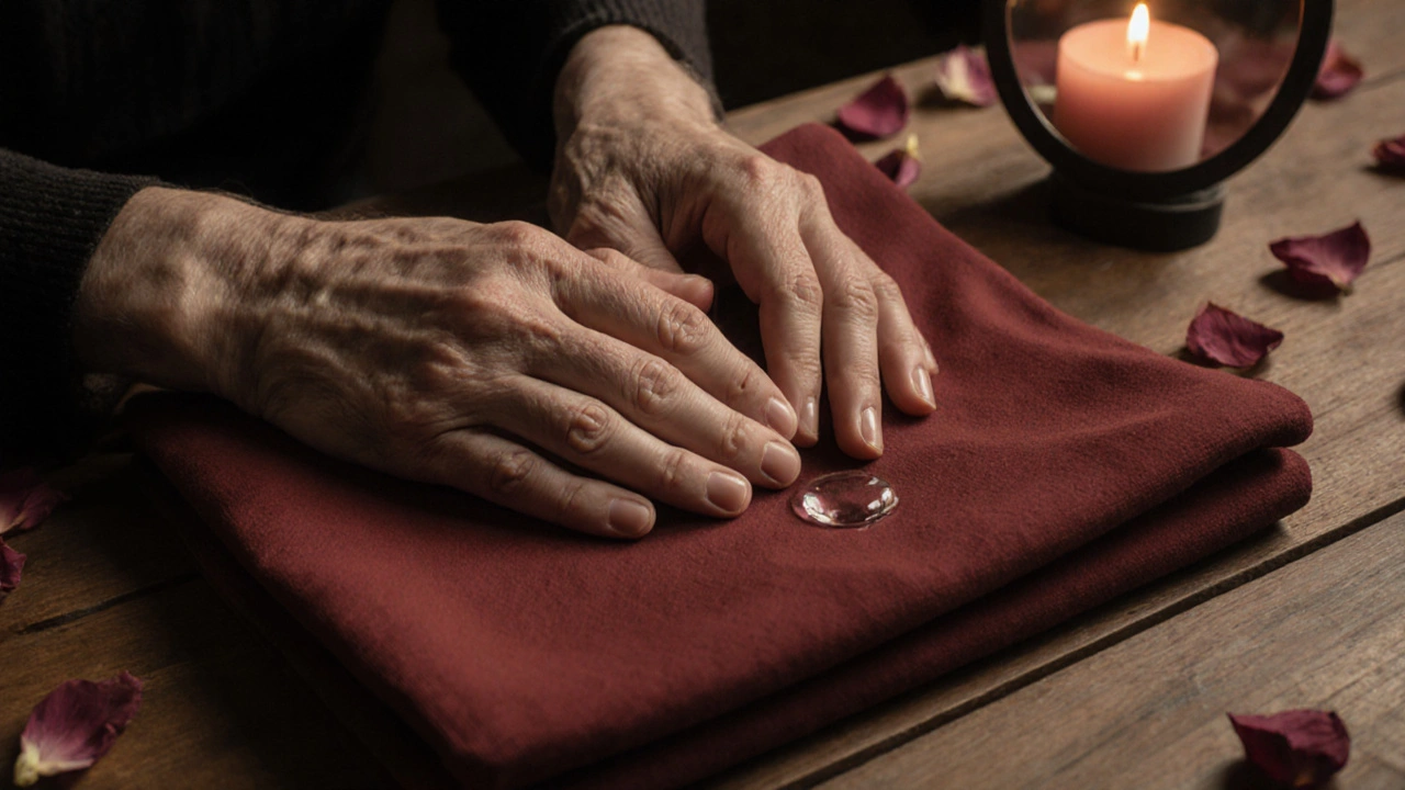 Dvě ruce se setkávají nad červeným kouskem látky, jedna kapka vody a svíčka symbolizují důvěru a posvátnost.