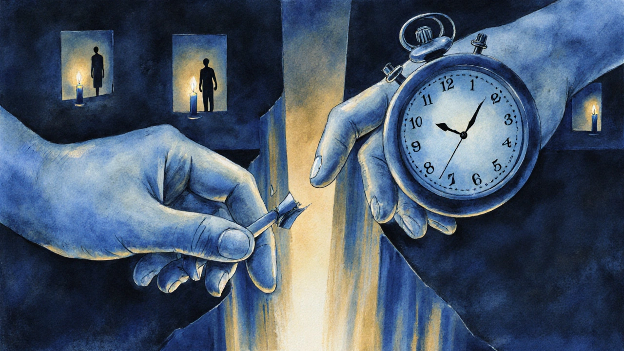 Dvě ruce se snaží spojit, ale mezi nimi je prázdný čas a zhasnutá svíčka — symbol ztracené příležitosti.