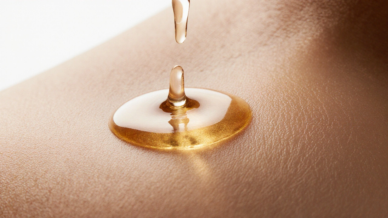 Kapka nuru gelu se pomalu rozprostírá po kůži, odrážející teplé světlo, jako symbol hlubokého uvolnění a klidu.