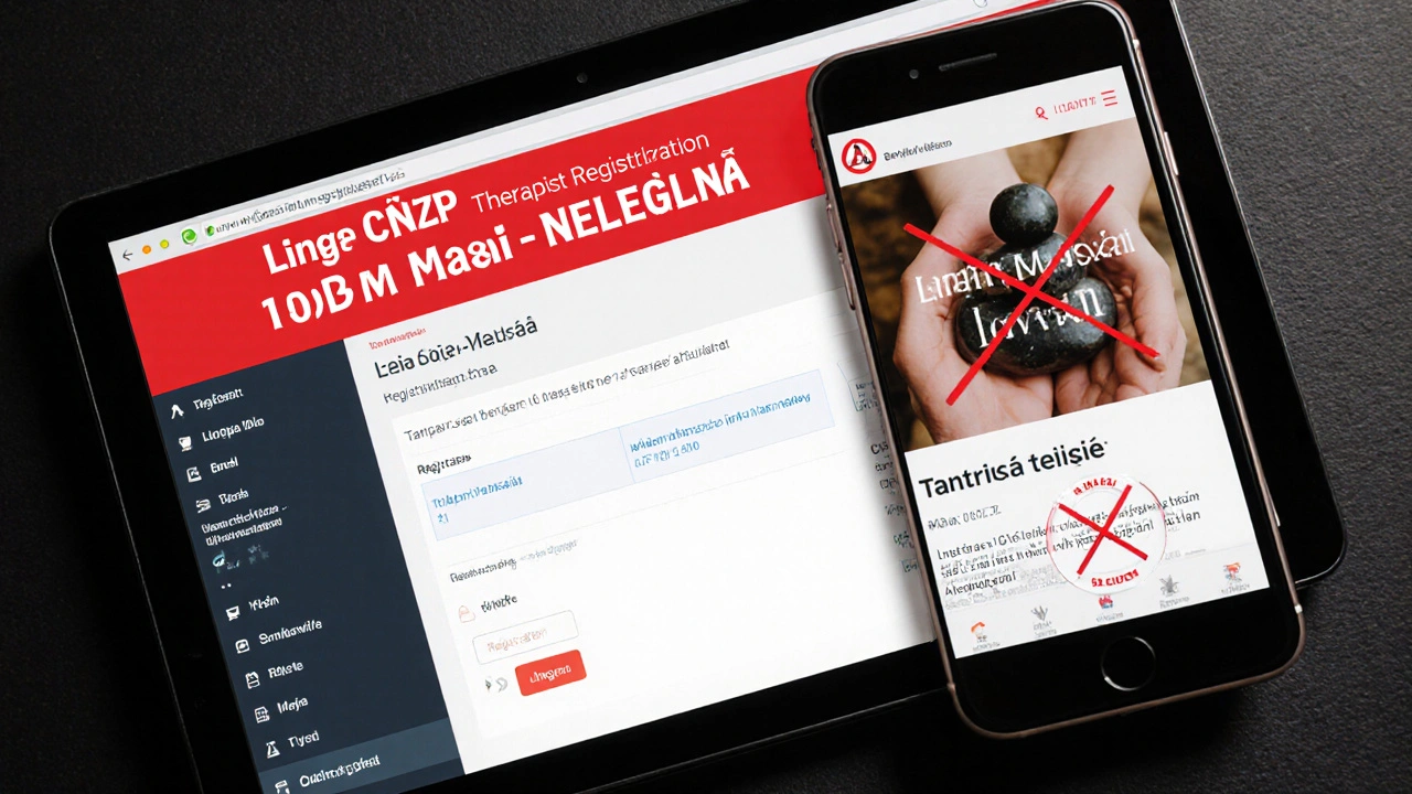 Na obrazovce je ověřený registr terapeuta, vedle něj varování proti nelegálnímu termínu.