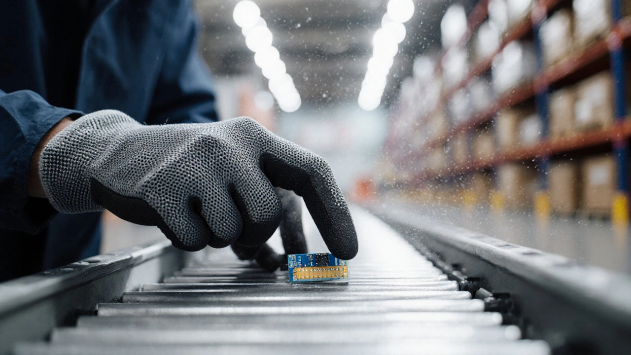 Pracovník v logistickém centru s rukavicemi a nitrilovými terčíky manipuluje s elektronickou součástkou.