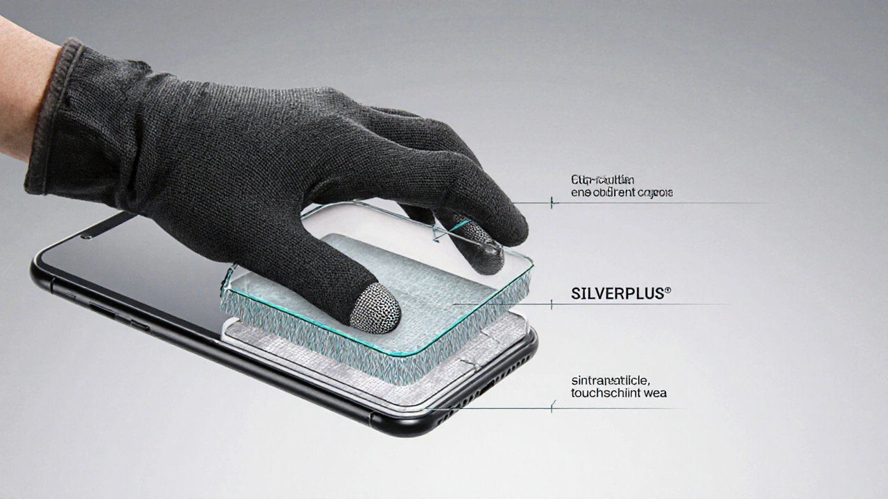 Průřez dotekových rukavic s vodivou vrstvou SILVERPLUS® na koncích prstů.