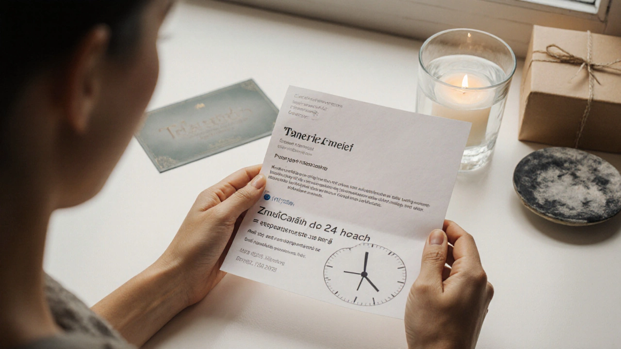 Ruce drží e-mail o zrušení masáže, vedle něj poukaz a hodiny ukazují příliš pozdní čas.