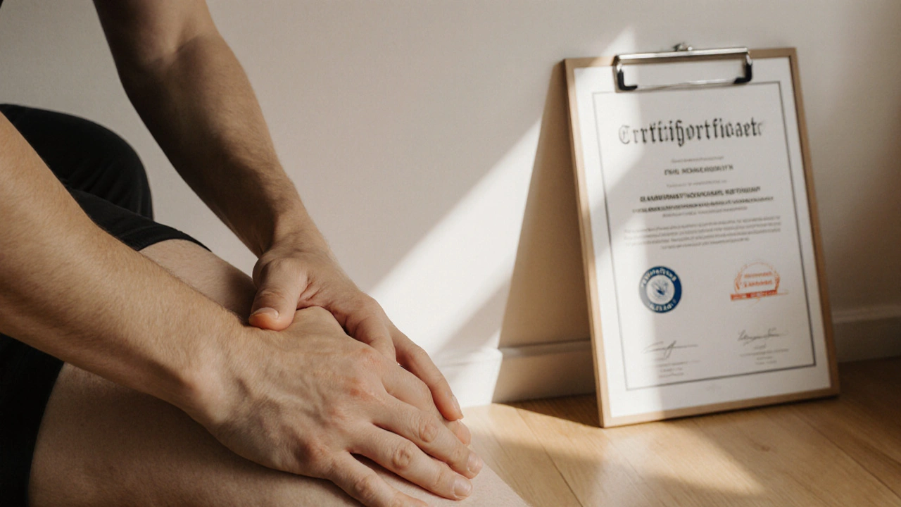 Ruce maséra provádějí sportovní masáž na stehně, na pozadí je certifikát o kvalifikaci.