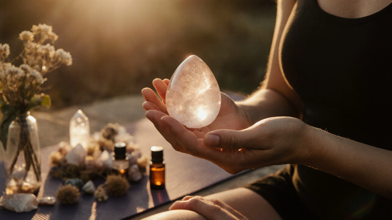 Ruka drží polerované yoni vajíčko z růžového křemene při jemném světle dne.