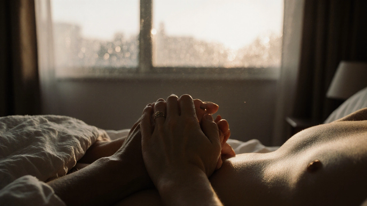 Spojené ruce na břiše, jemný olej na kůži, dýchání bez slov.