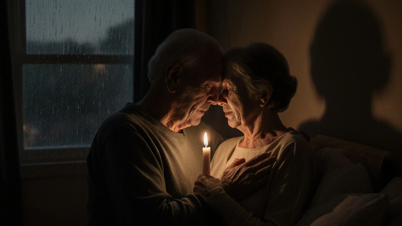 Starší pár se drží v náručí, čelo k čelu, ve třešňovém světle večera.