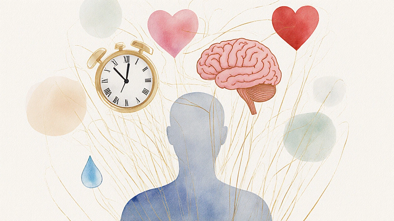 Symbolická ilustrace člověka s prvky představujícími tělo, mysl a emoce spojené samotnou sexualitou.