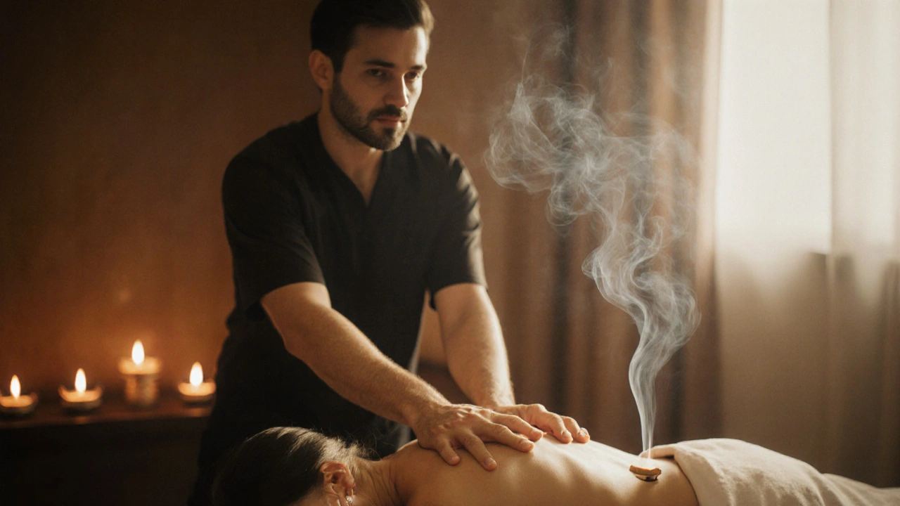 Žena přijímá jemnou masáž záda, muž ji pozoruje s úžasem ve třešňovém světle.