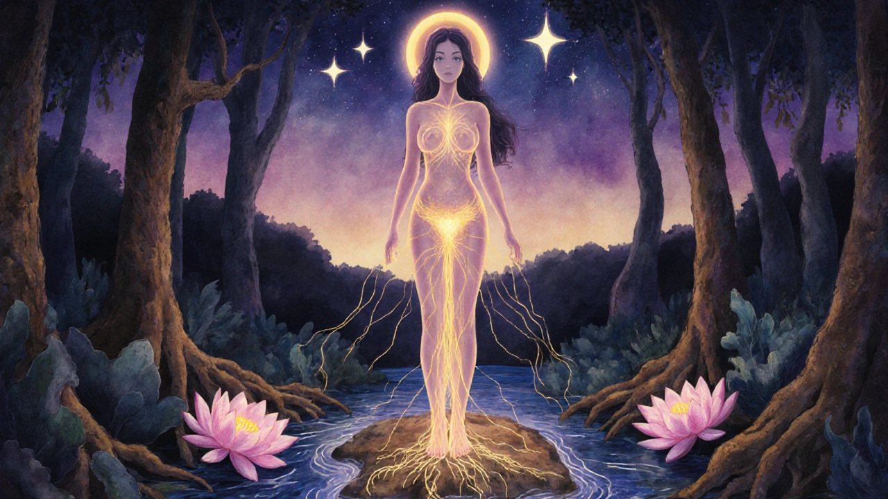 Žena v lese s energetickými čarami proudícími z jejího pánve k nebi a zemi.