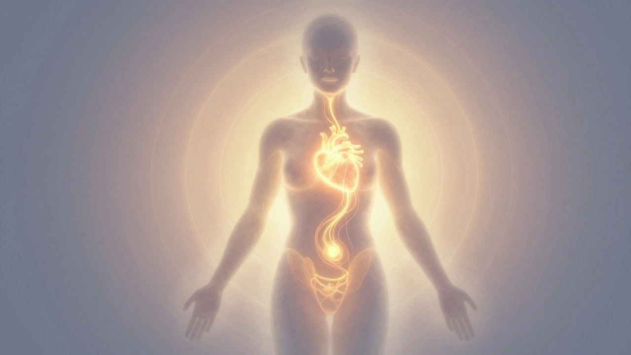 Abstract silhouette with glowing energy lines connecting body centers, representing chakra activation.