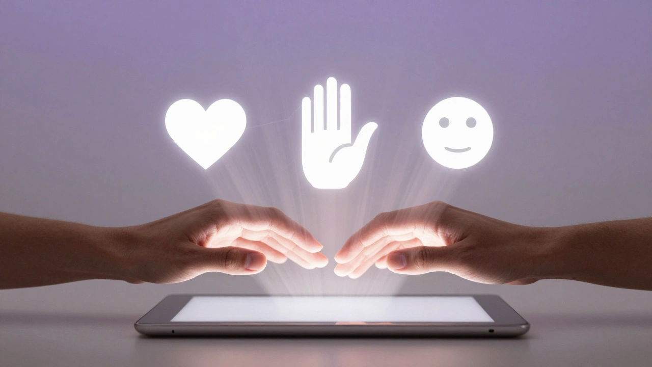 Abstraktní obrázek dvou rukou nad tabletem s ikonami komunikace a hranic.