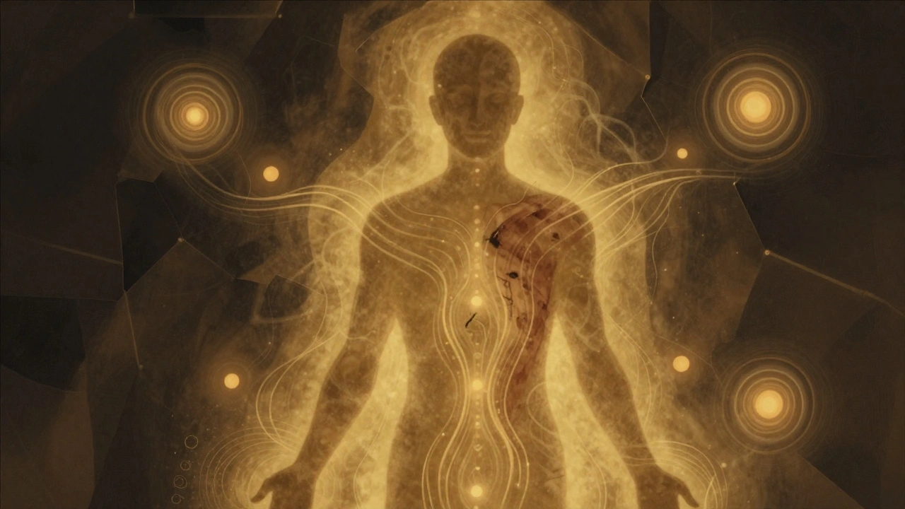 Abstraktní obrázek postavy, která vychází ze stínu do zlatého světla, symbolizující obnovu těla a klid.