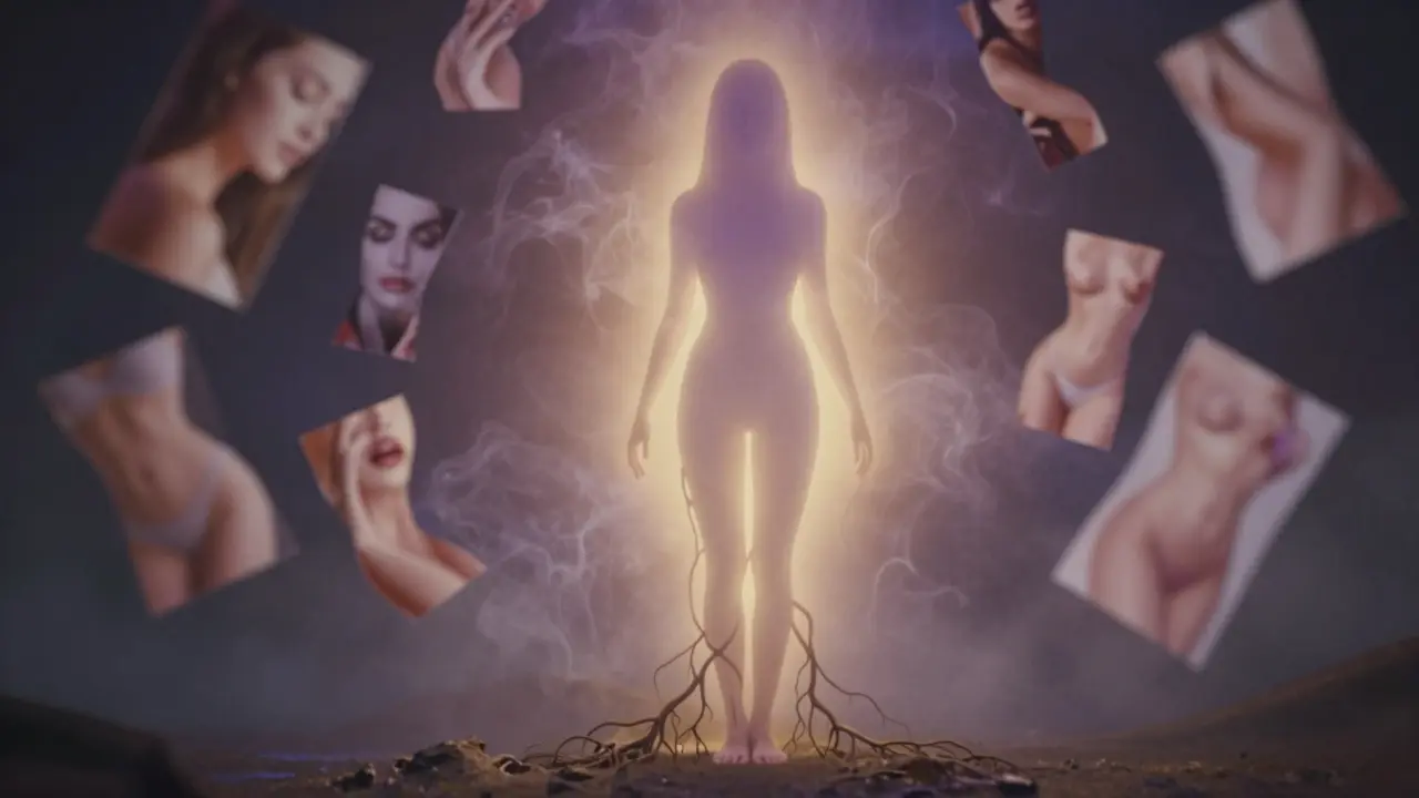 Abstraktní světelná forma jako posvátná jeskyně vychází ze siluety ženy, která stojí na zemi, společně s rozplynoucími se obrazy dokonalosti.