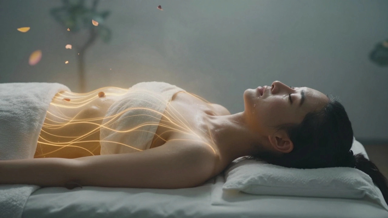 Symbolický obraz emocionálního uvolnění s energetickými vlnami vycházejícími z těla.