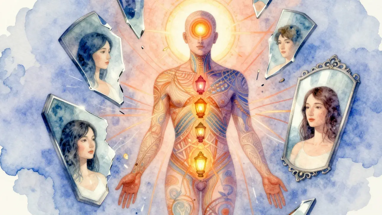 Symbolický obraz lidského těla jako svatyně s rozsvícenými čakrami, zatímco zrcadla s ideály se rozbíjejí.