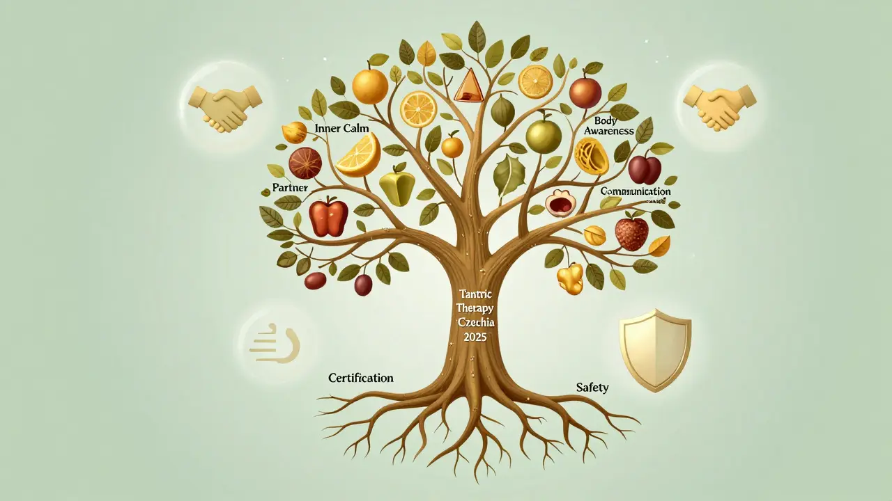 Symbolický strom tantrické masáže s kořeny v certifikaci a větvemi v osobním rozvoji, v klidných přírodních tonech.