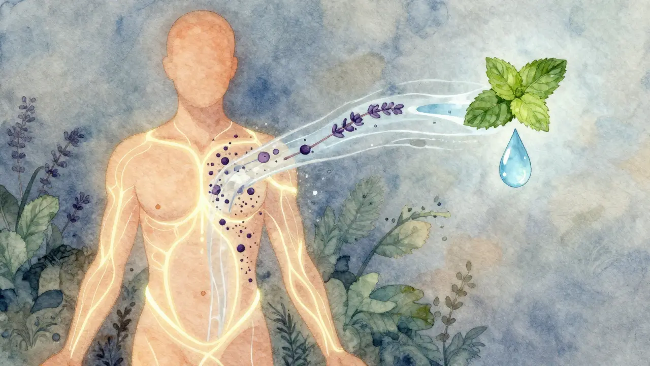 Abstraktní znázornění těla s proudy vody a bylinek, symbolizující detoxikaci po masáži.