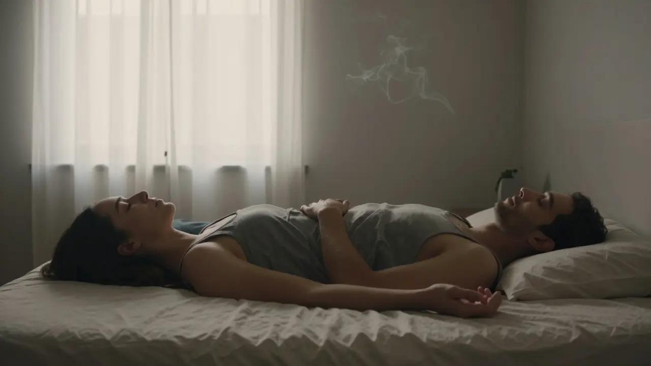 Dvojice klidně leží po tantrickém cvičení, ruce se dotýkají v ranním světle.