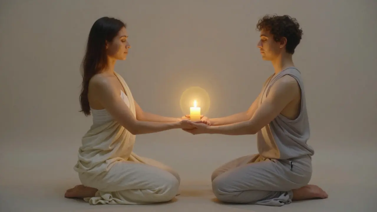 Dvojice v tantrické pozici Double Boat se pohybuje v synchronizaci dechu.