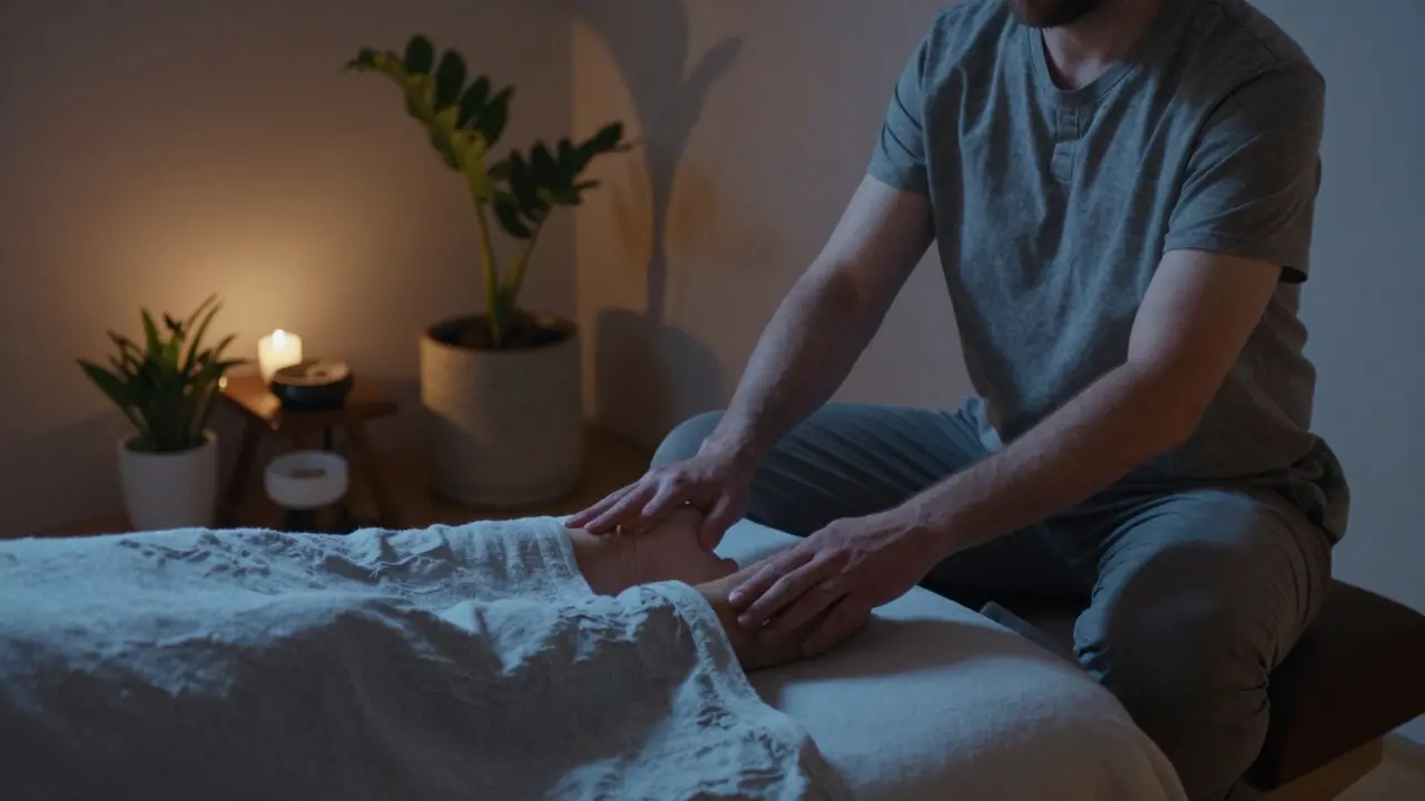 Masér rukama nad nohama klienta na lůžku, klidná a rituální atmosféra