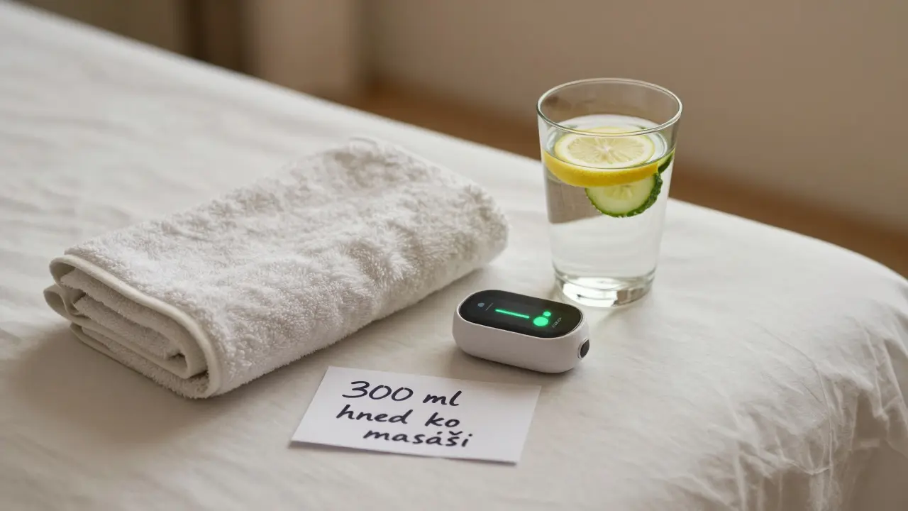 Minimální scéna s vodou, citronem, okurkou a senzorem hydratace na klidné ploše.