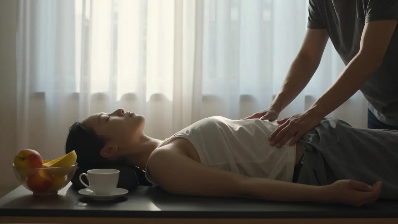 Osoba v hlubokém klidu v ranním světle, masérka má ruce nad pánví a hlavou.