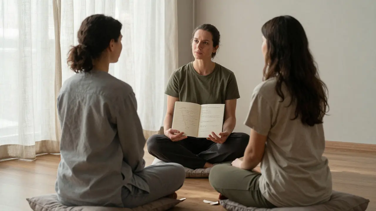 Tantrický terapeut ukazuje certifikát klientovi v klidné místnosti, oba sedí a hovoří, bez fyzického kontaktu.