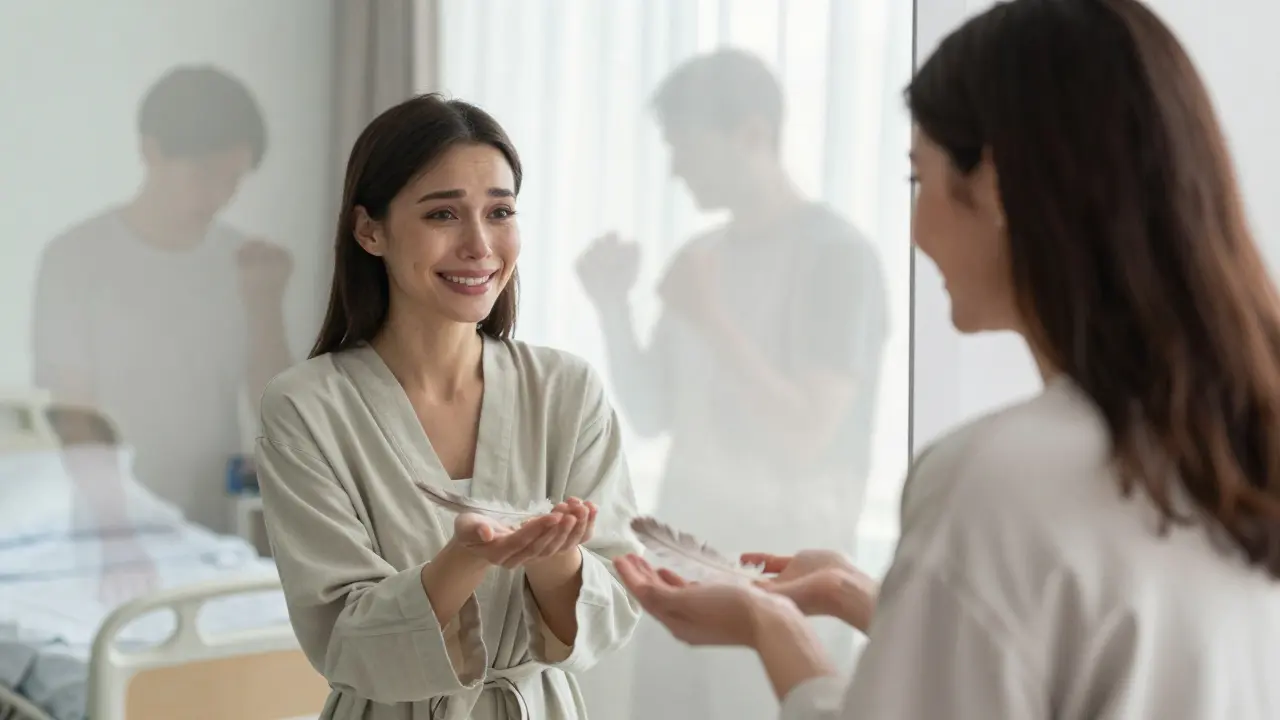 Žena se dívá do zrcadla, kde vymizí stíny minulého trauma, zůstává klid a přijetí