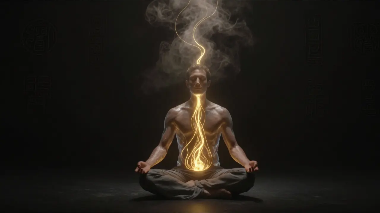 Zlatá energie proudí z pánve muže směrem k hlavě, symbolizující přeměnu a vnitřní klid.