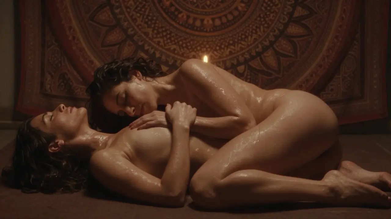 Dva partneři leží v něžném, ne-sexuálním objímání, kde doteky připomínají meditaci, ne fyzický kontakt.