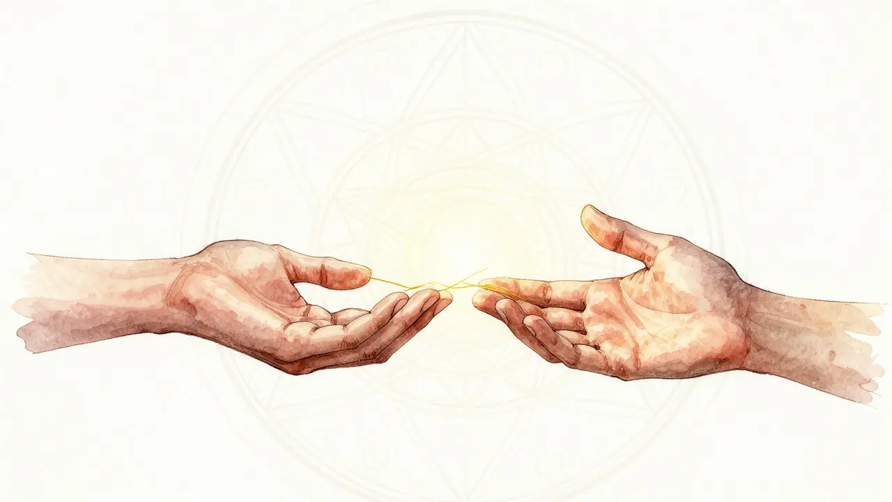 Dvě ruce se dotýkají jen vedením zlatého světla, symbolizujícího energii a souhlas, bez fyzického kontaktu.