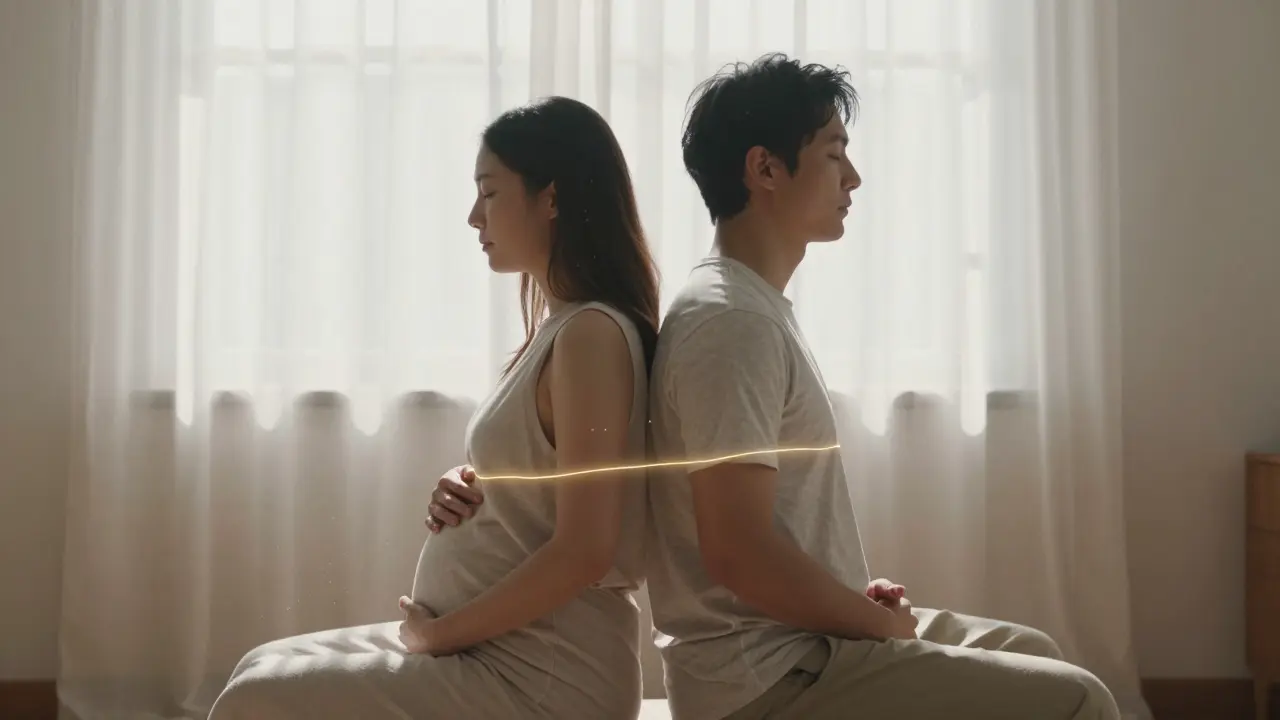 Dvojice sedí zády k sobě, ruce na břiše, s vizuálně viditelnou energetickou spojnicí mezi srdci.