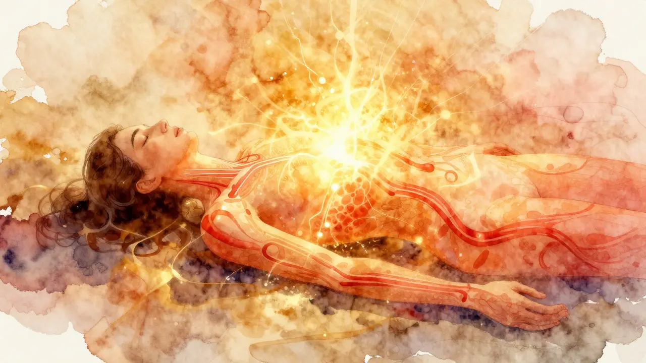 Osoba s teplým zářivým světlem kolem těla symbolizujícím zlepšený krevní oběh.