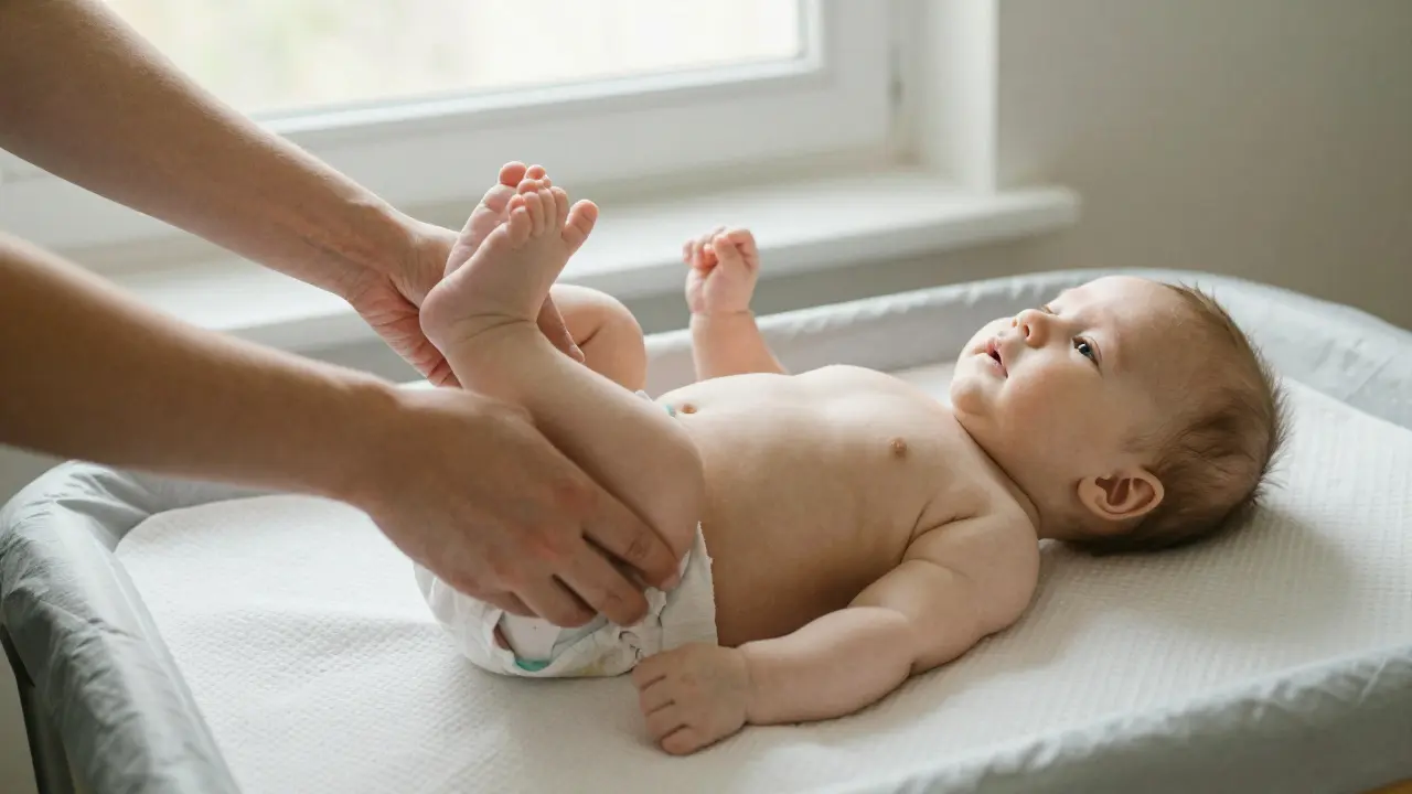 Rodič mění plenku a jemně masíruje bříško dítěte, oba jsou klidní a přítomní.