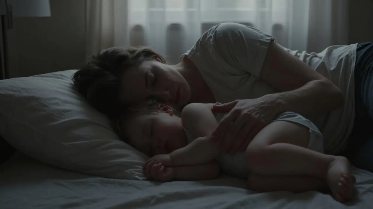 Rodič spí s dítětem na prsou, ruka klidně klouže po jeho těle v měsíčním světle.