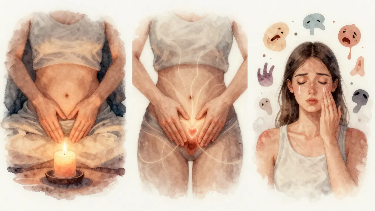 Symbolická scéna tří fází yoni masáže: uklidnění, práce s energetickými body a emoční uvolnění v jemném vodovém stylu.