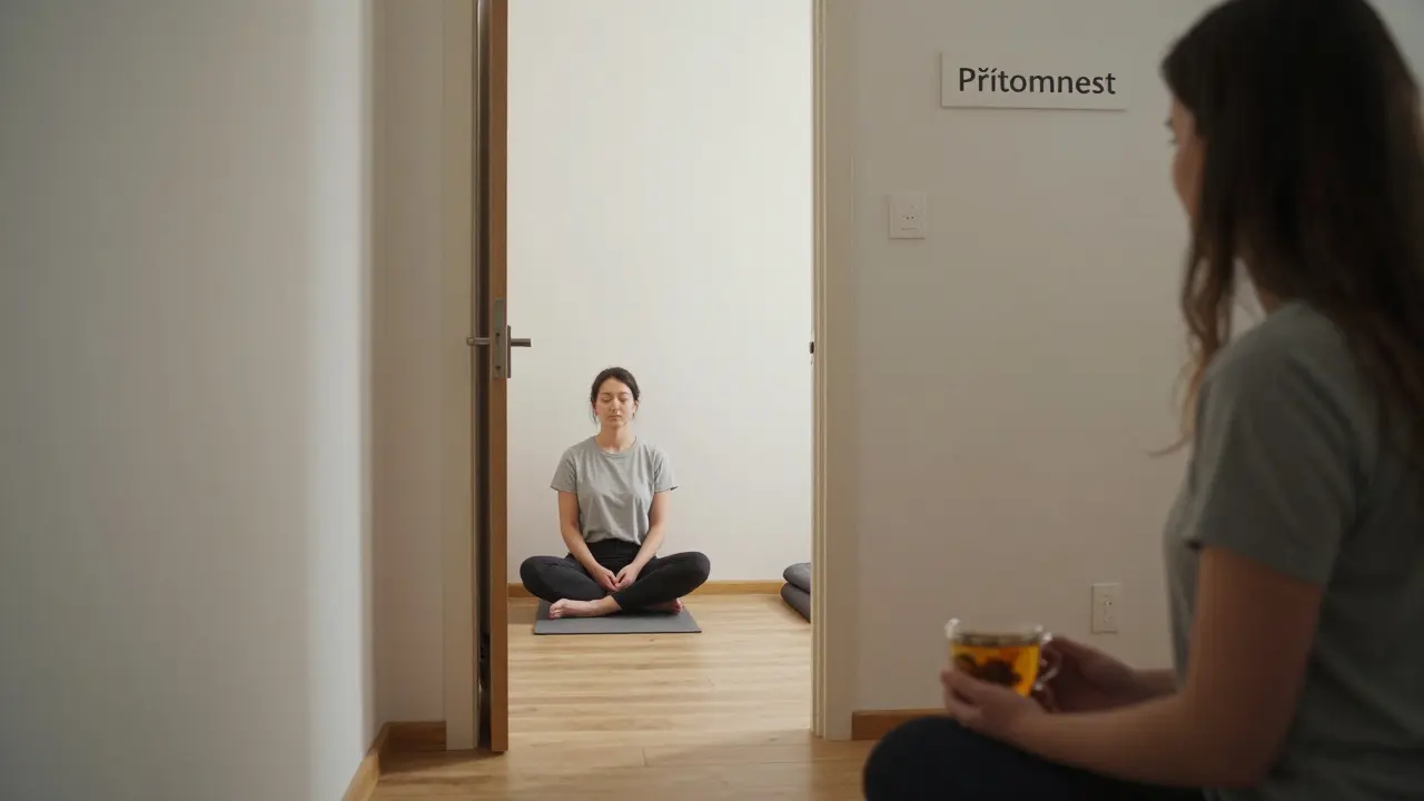 Tichý chodba wellness centra s výrazem 'Přítomnost' na zdi, osoba klidně dýchá v přípravě na masáž.