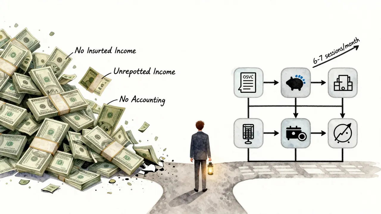 Two paths: chaotic finances vs. organized cashflow with financial icons